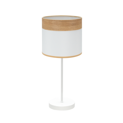 Lámpara Cloe fabricada en metal y textil, color blanco y madera clara
