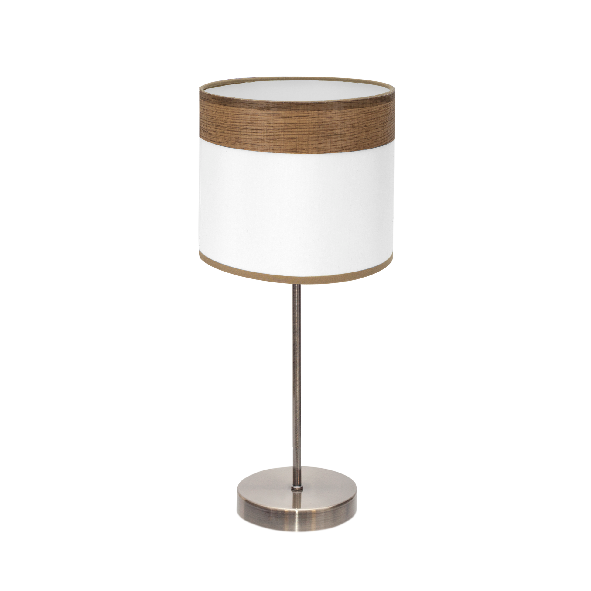 Sobremesa Cloe fabricada en metal color cuero y textil blanco, diseño Fabrilamp