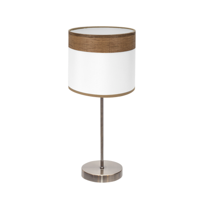 Sobremesa Cloe fabricada en metal color cuero y textil blanco, diseño Fabrilamp