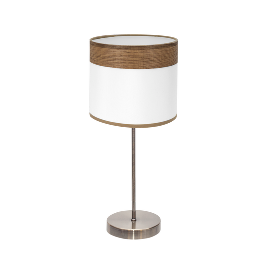 Sobremesa Cloe fabricada en metal color cuero y textil blanco, diseño Fabrilamp