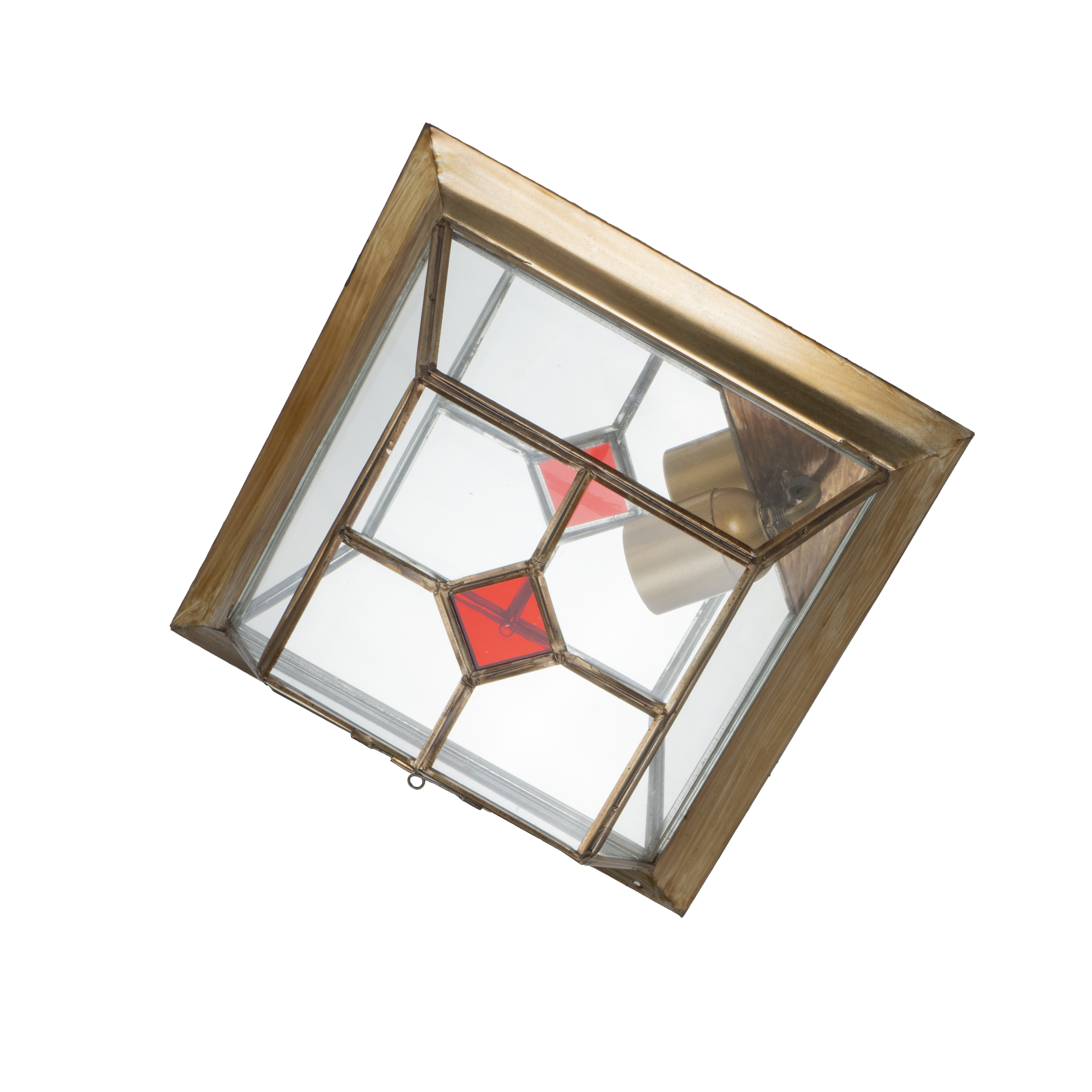 Plafón Granadino fabricado en metal color cuero y cristal rojo espejo