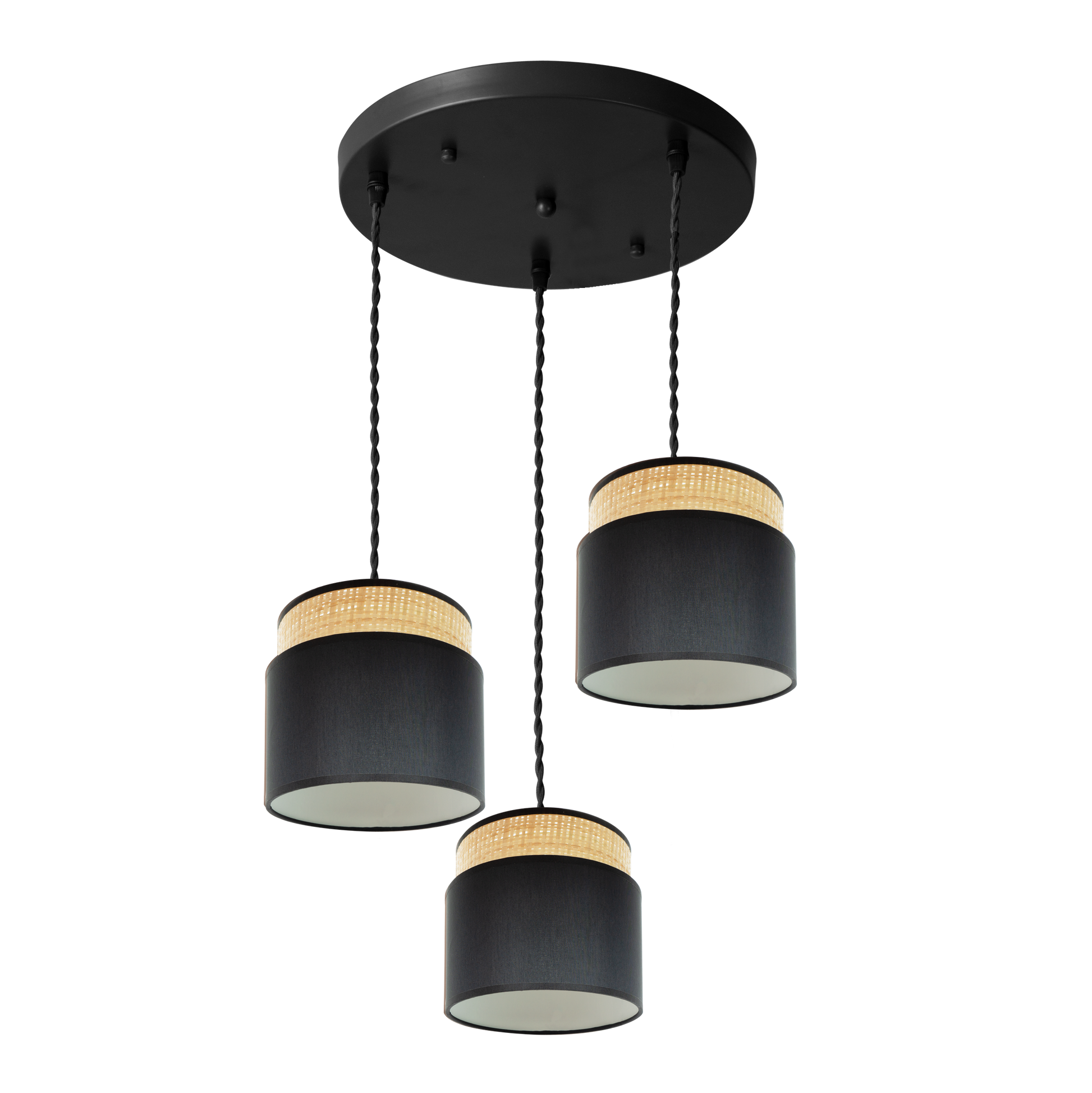 Plafón Kandy fabricado en metal y textil color negro y natural, ideal para iluminar tu hogar