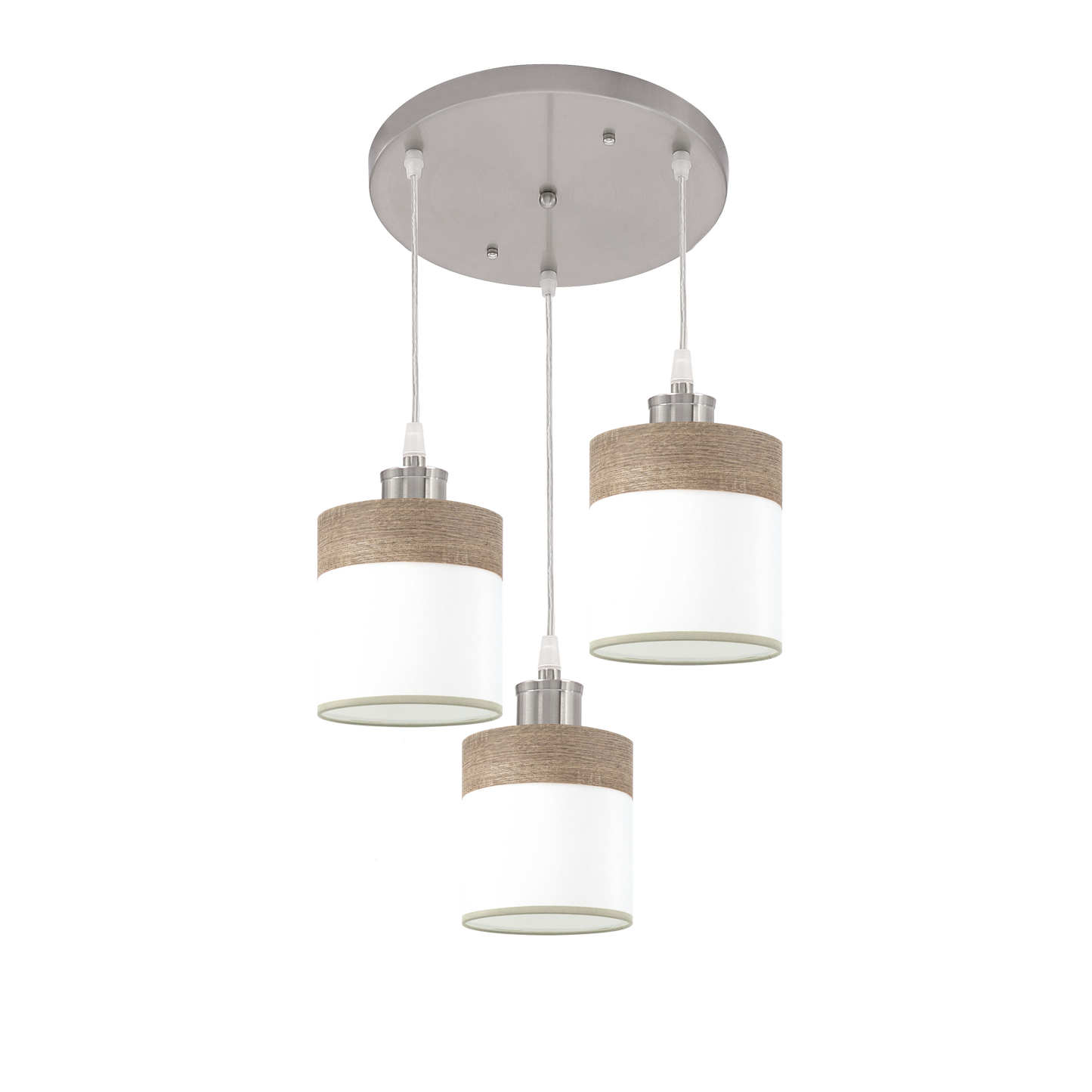 Plafón Cloe 3xE27 Níquel/Blanco-Madera Gris de Fabrilamp. Diseño moderno y elegante para iluminar tu hogar.