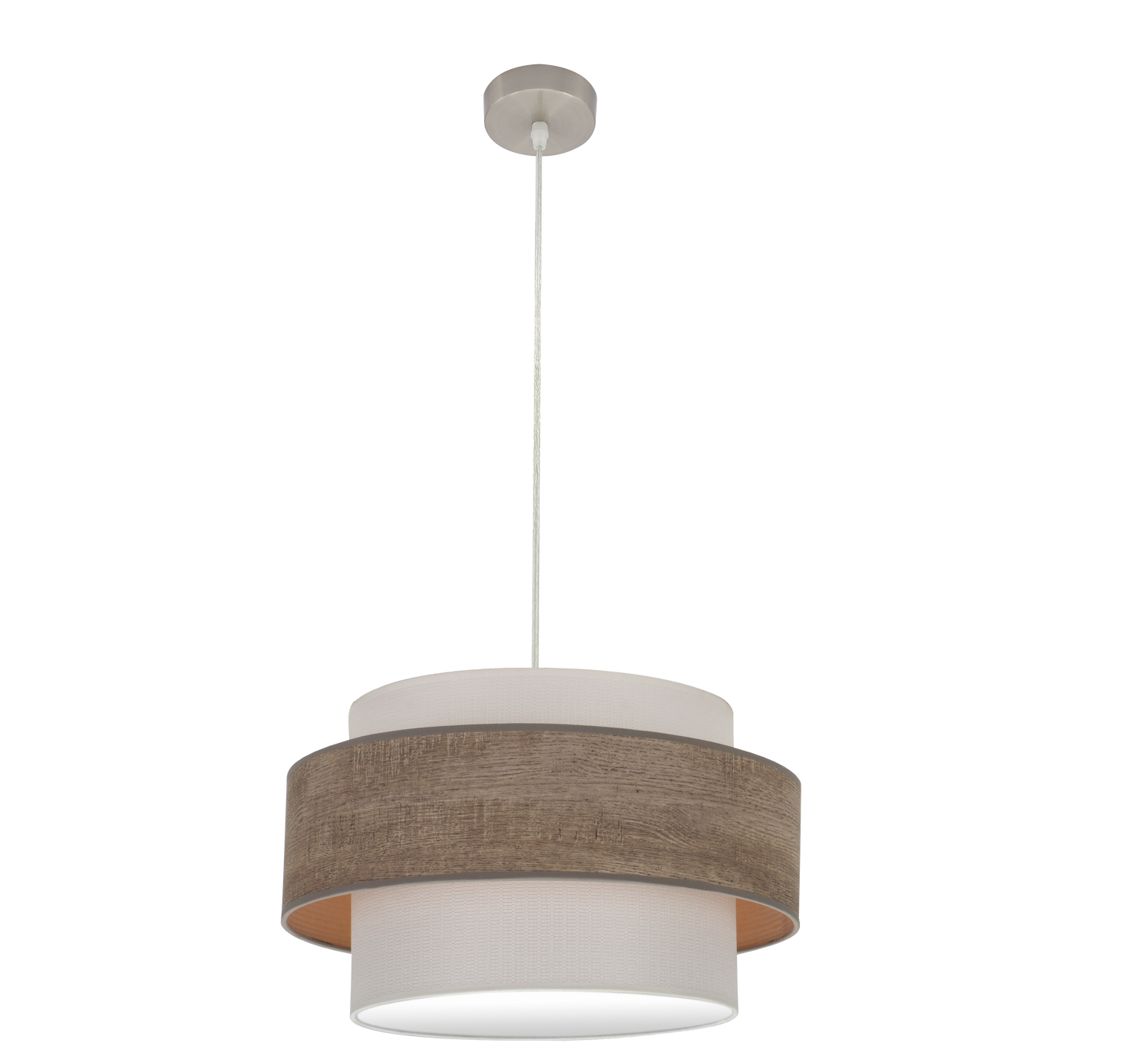 Colgante Myriam de Fabrilamp, níquel y madera gris, 50 cm de diámetro, ideal para salones y dormitorios.