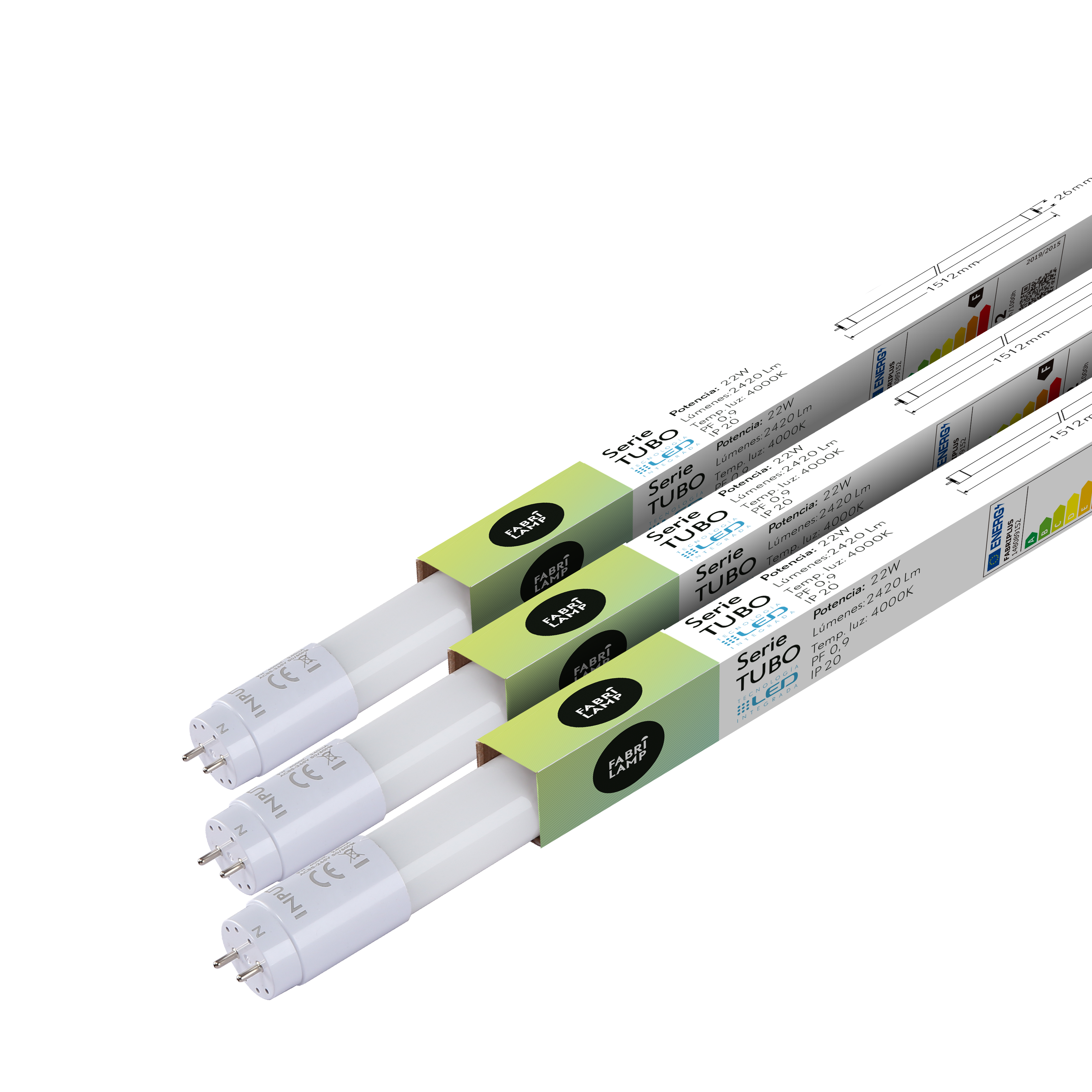 Tubo LED T8 22W 2200lm 4000k Fabriplus de Fabrilamp, vista frontal