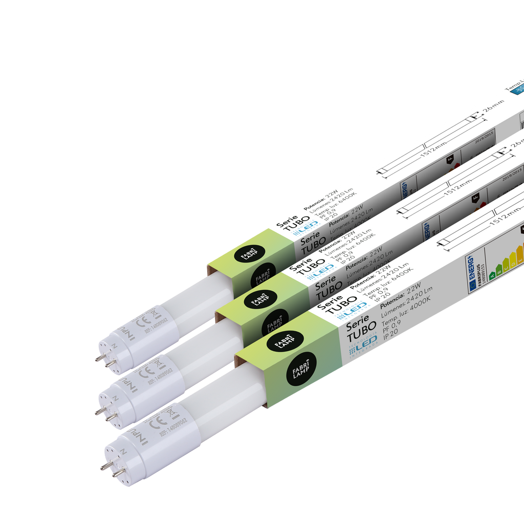 Tubo LED T8 22W 2200lm 6400K Fabriplus de Fabrilamp, vista frontal.