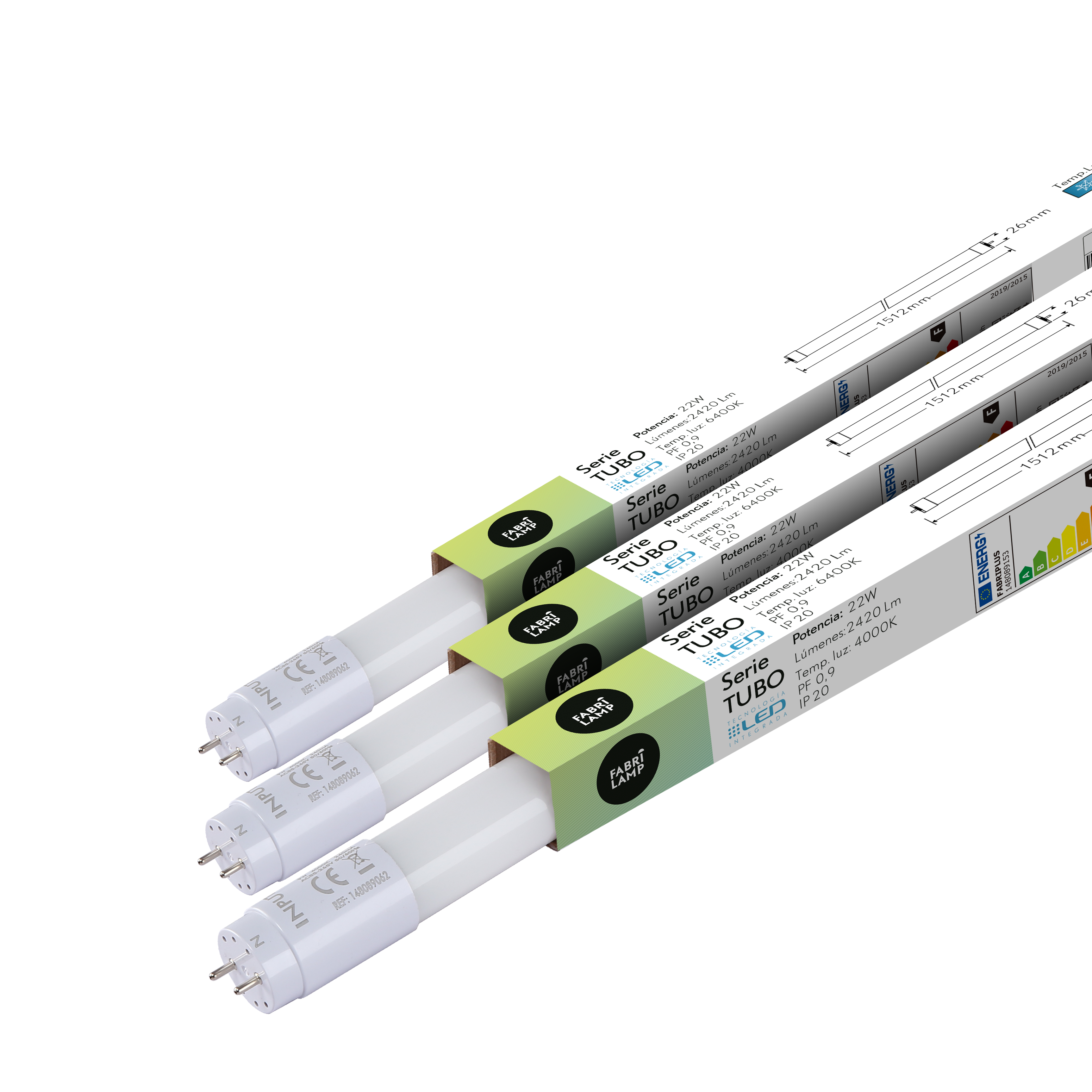 Tubo LED T8 22W 2200lm 6400K Fabriplus de Fabrilamp, vista frontal.