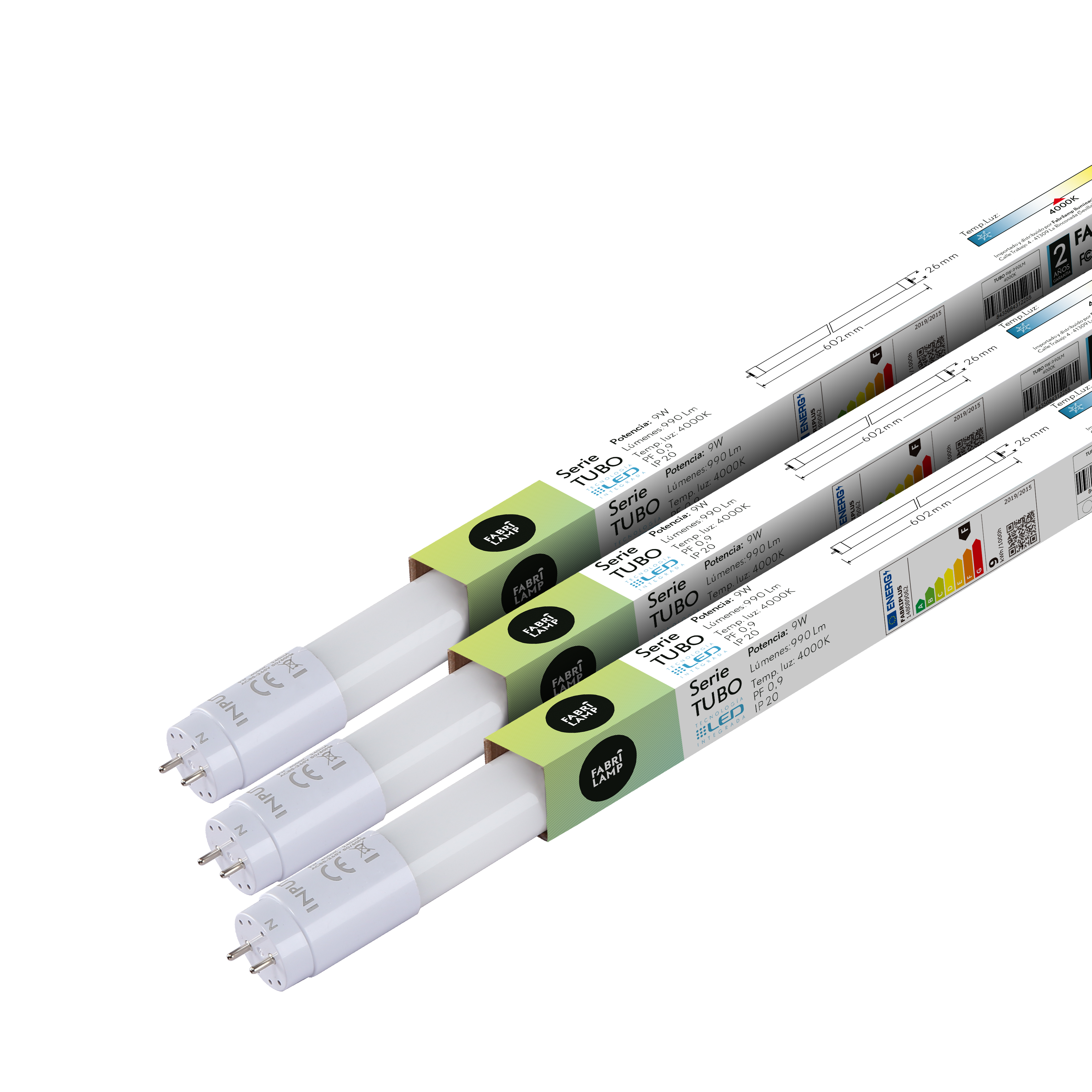 Tubo LED T8 9w 900lm 4000k Fabriplus de Fabrilamp, vista frontal.