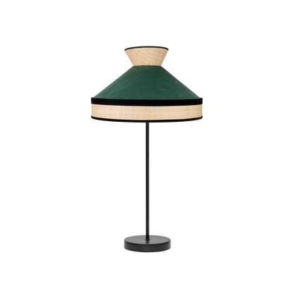 Lámpara Fabrizio fabricada en textil color natural, negro y verde botella