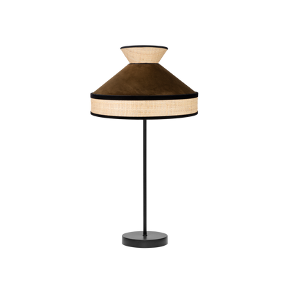 Lámpara Fabrizio fabricada en textil natural color marrón y negro, ideal para iluminación doméstica
