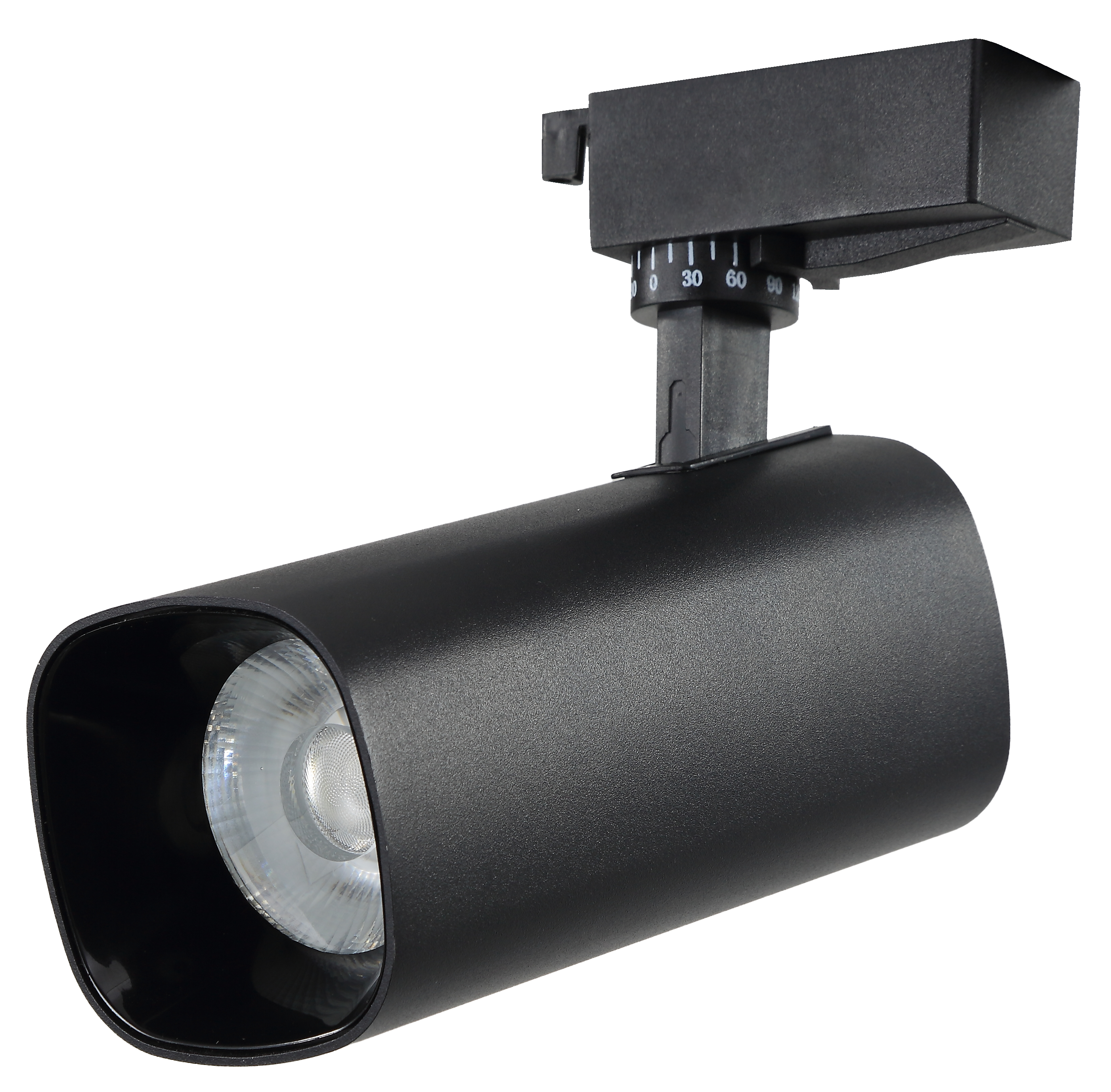 Foco de carril Alfil negro 30W 4000K de Fabrilamp, vista frontal.