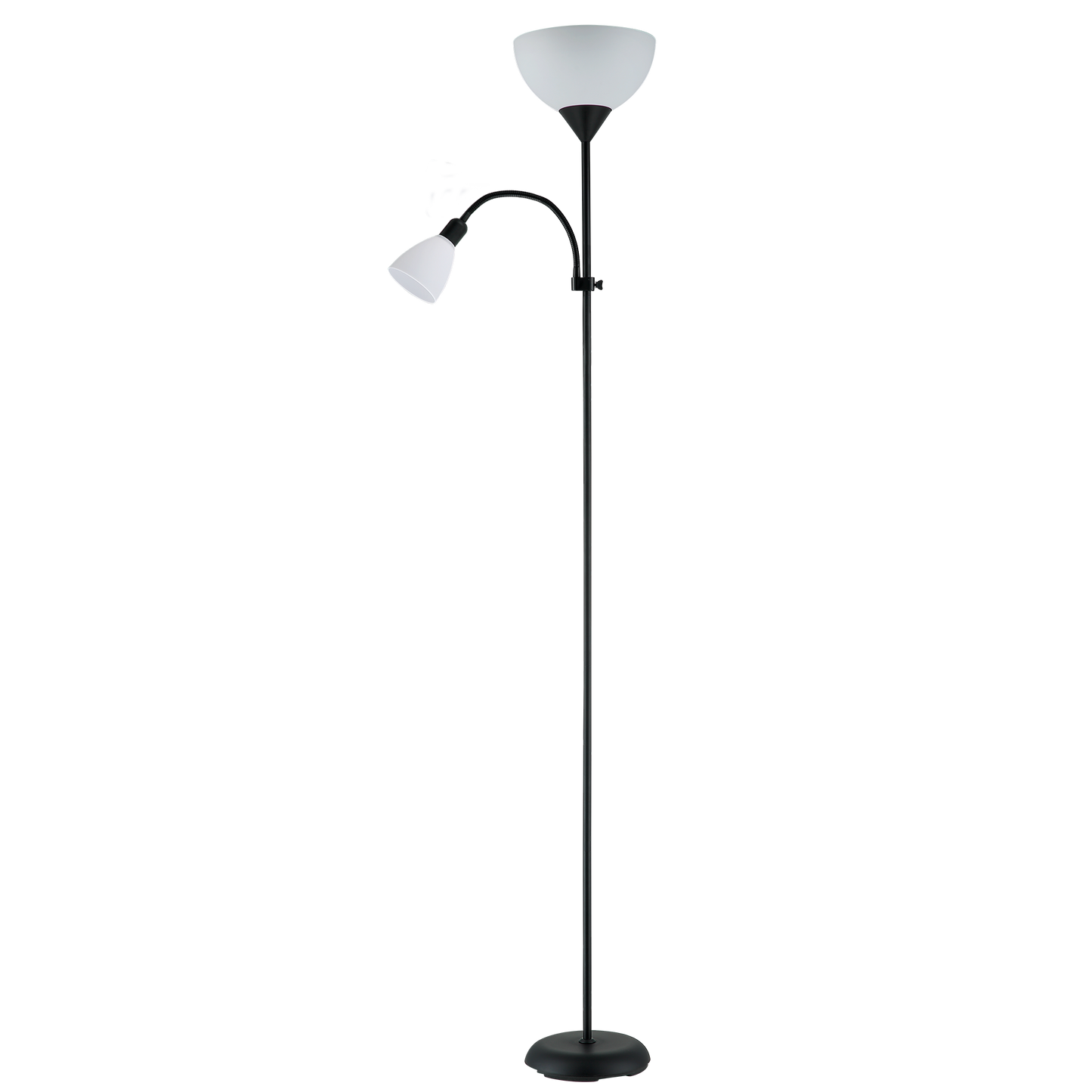 Lámpara de pie Rigel fabricada en metal color negro con tulipa de policarbonato blanco