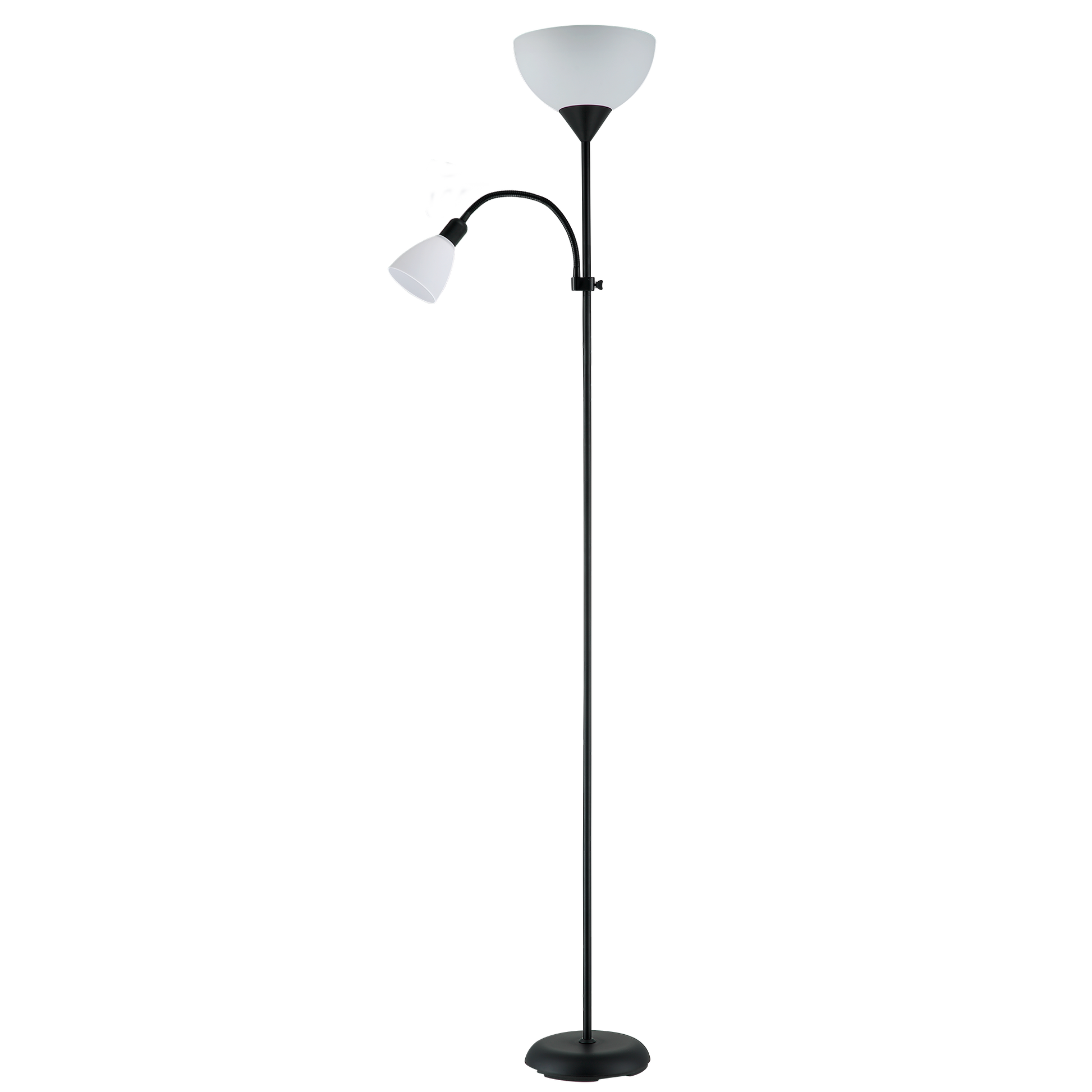 Lámpara de pie Rigel fabricada en metal color negro con tulipa de policarbonato blanco