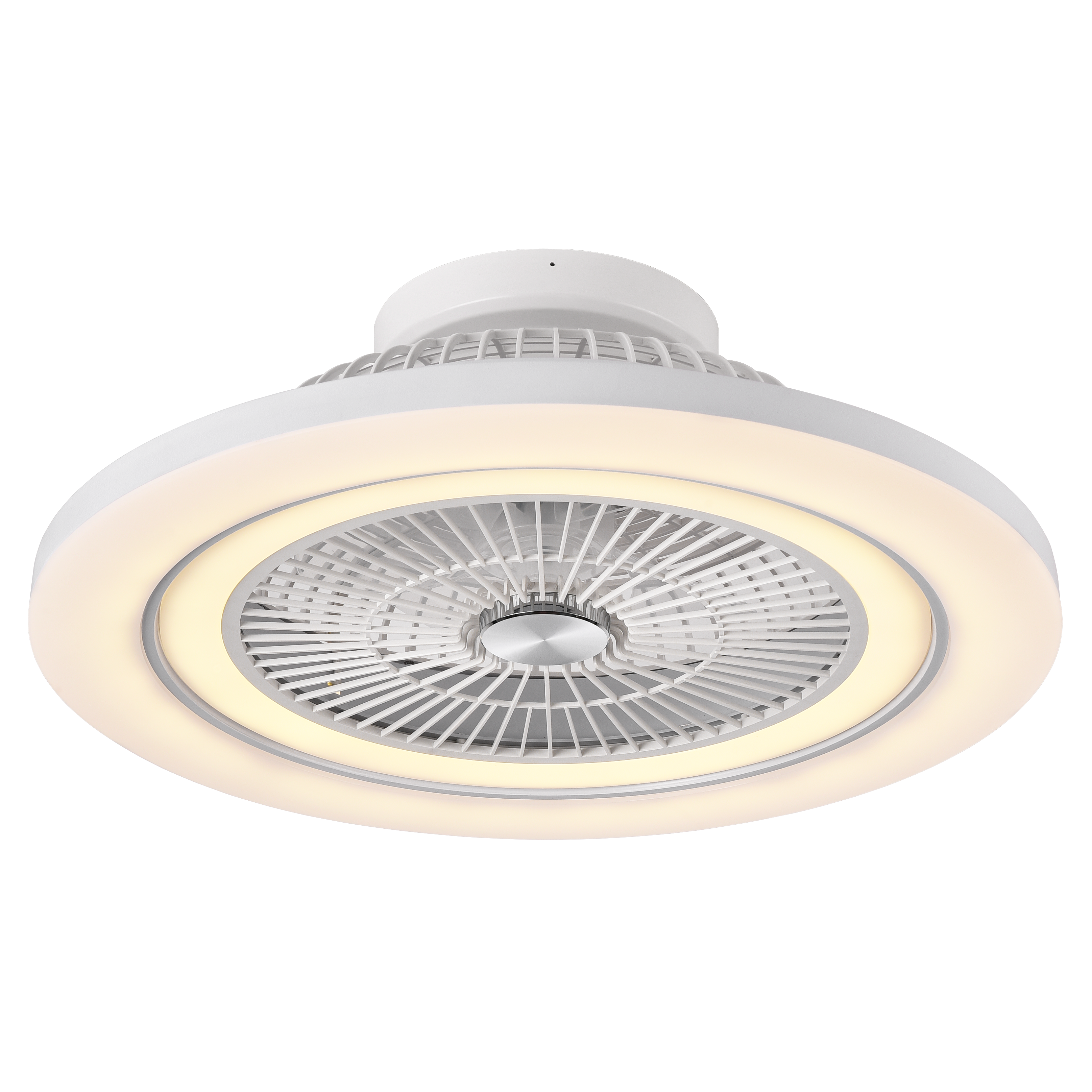 Ventilador de techo Mato Blanco 72W DC, vista frontal, 5 aspas transparentes