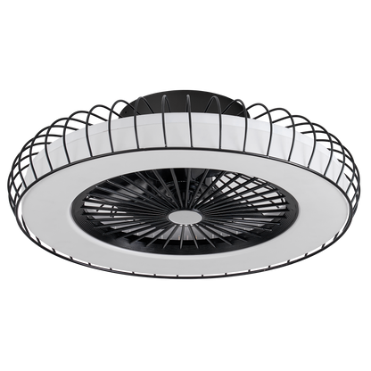 Ventilador de techo Albonez negro de Fabrilamp, vista frontal con aspas transparentes.