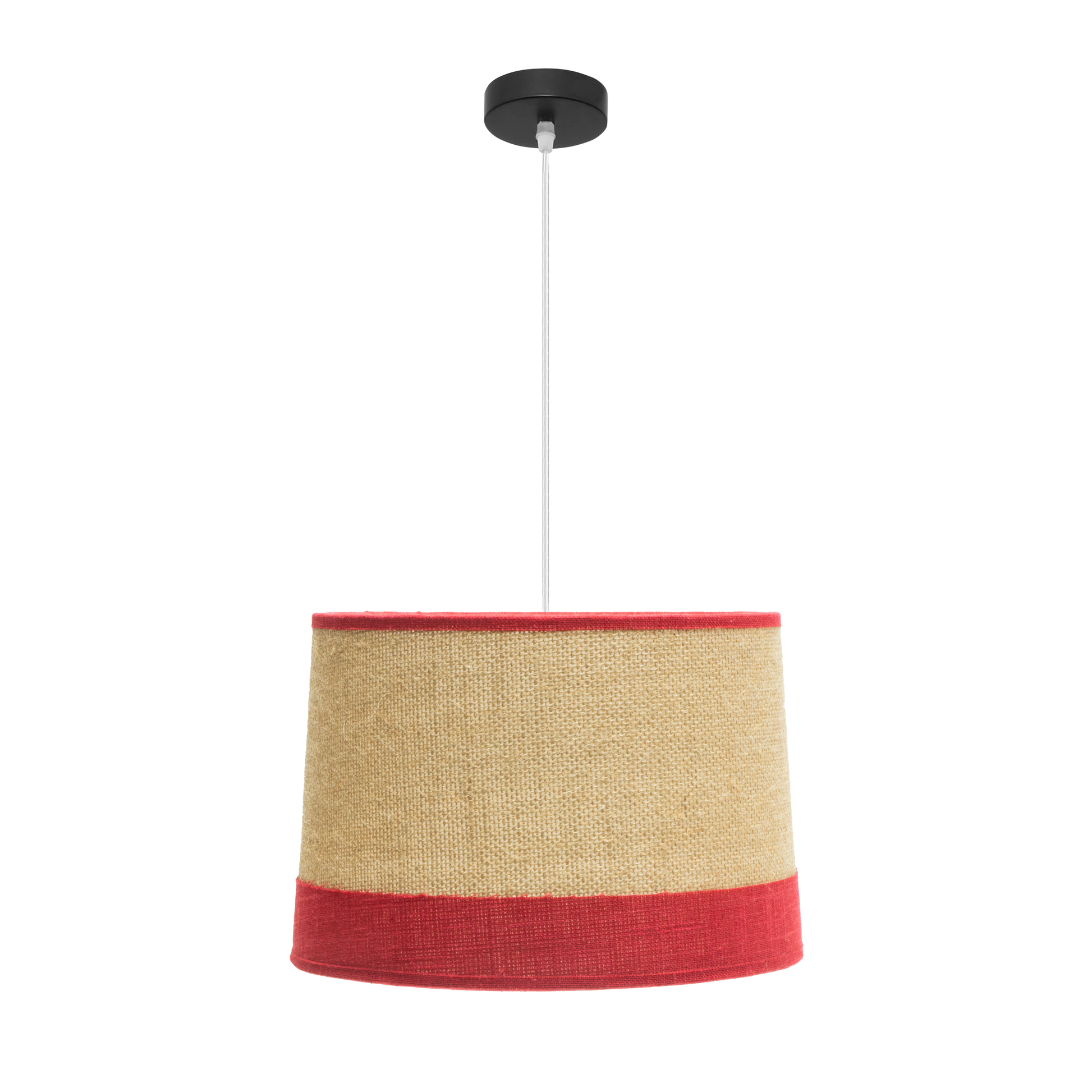 Lámpara colgante fabricada en metal con pantalla de tejido de saco combinada con lino rayado color saco/rojo