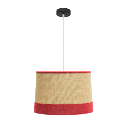 Lámpara colgante fabricada en metal con pantalla de tejido de saco combinada con lino rayado color saco/rojo