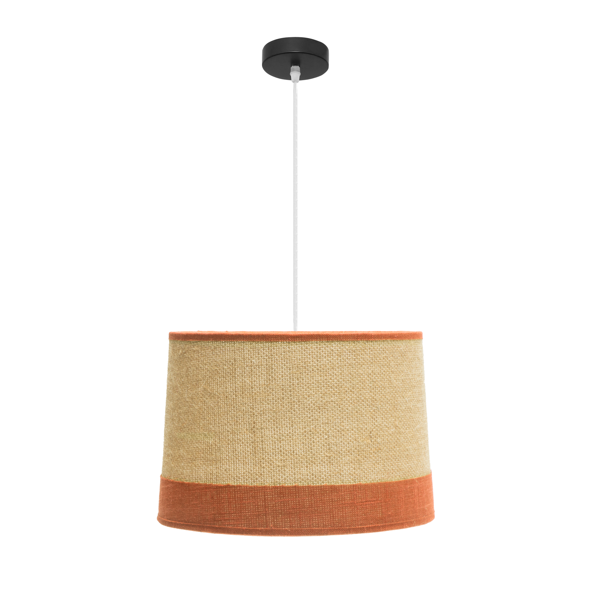 Lámpara colgante Fabrilamp Tietar con pantalla textil de saco combinada con lino rayado en color naranja