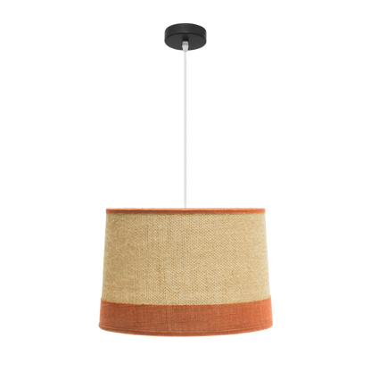 Lámpara colgante Fabrilamp Tietar con pantalla textil de saco combinada con lino rayado en color naranja