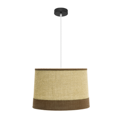 Lámpara colgante fabricada en metal con pantalla de tejido de saco y lino rayado color marrón