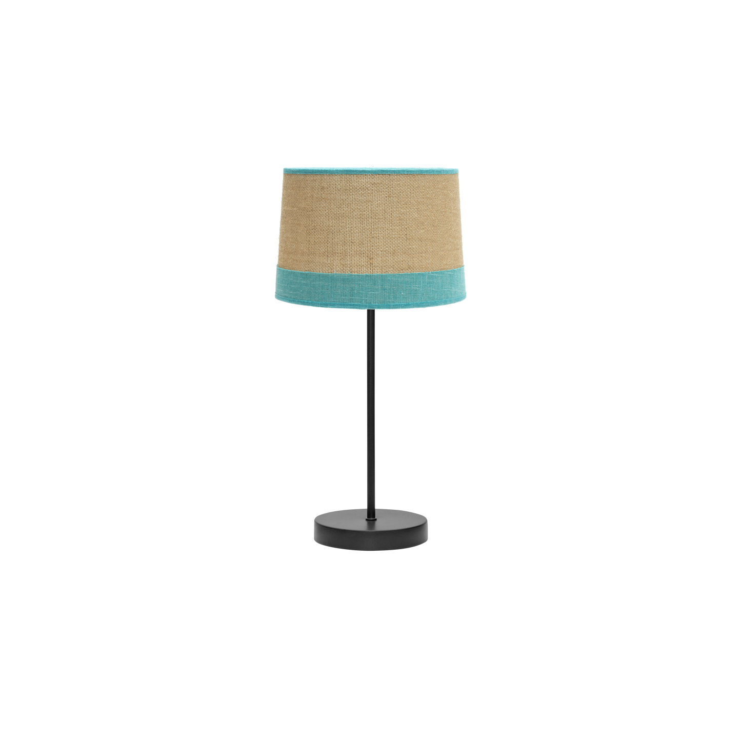 Lámpara sobremesa fabricada en metal negro con pantalla de tejido de saco combinado con lino rayado color turquesa