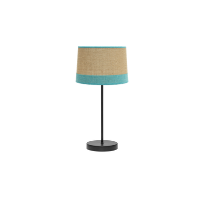 Lámpara sobremesa fabricada en metal negro con pantalla de tejido de saco combinado con lino rayado color turquesa