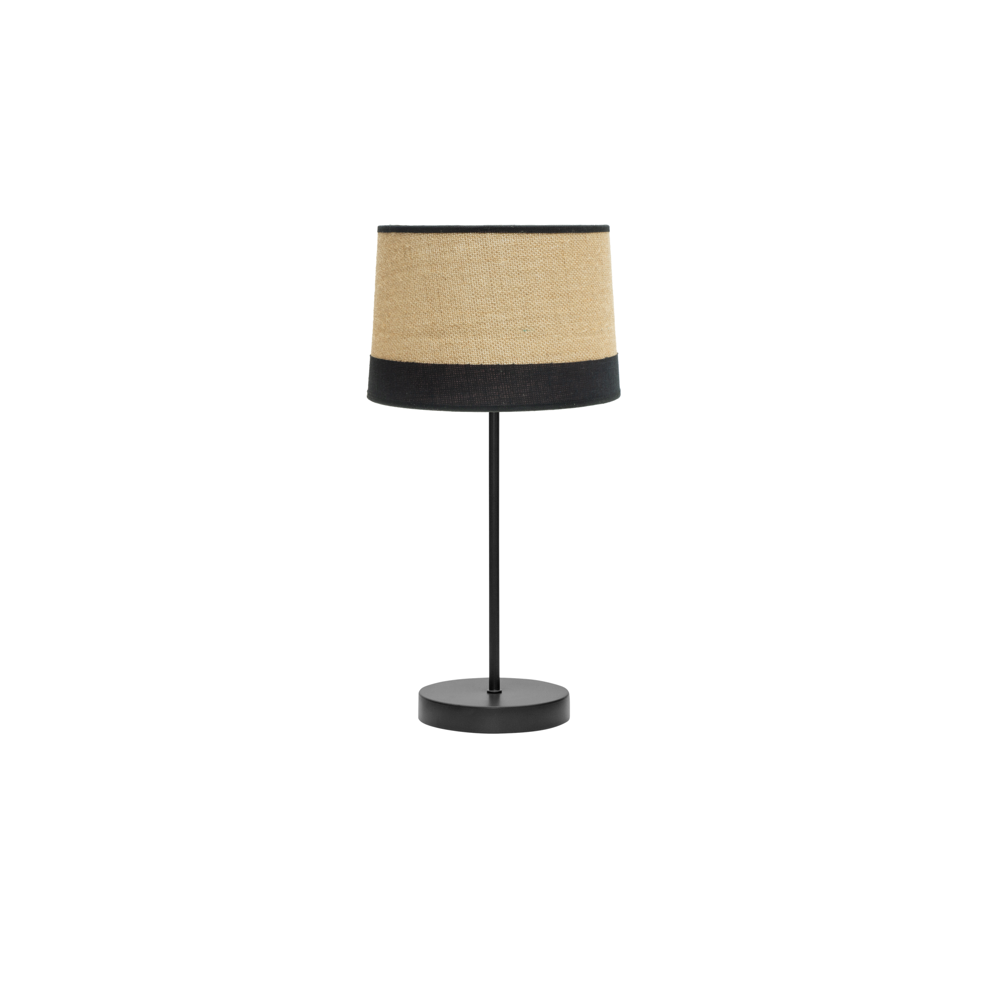 Sobremesa Tietar fabricada en metal negro con pantalla textil de saco y lino rayado, ideal para decoración rústica y vintage