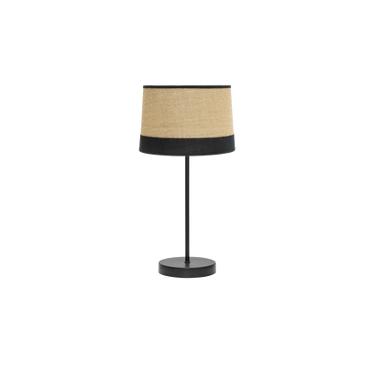 Sobremesa Tietar fabricada en metal negro con pantalla textil de saco y lino rayado, ideal para decoración rústica y vintage