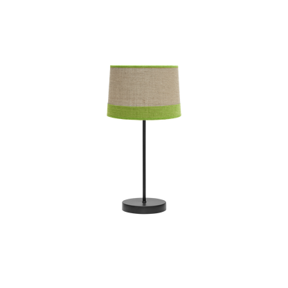 Lámpara sobremesa fabricada en metal negro con pantalla textil de saco y lino rayado color verde