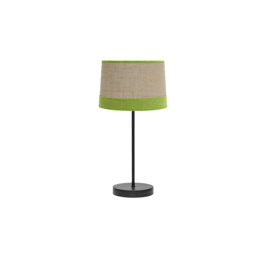 Lámpara sobremesa fabricada en metal negro con pantalla textil de saco y lino rayado color verde