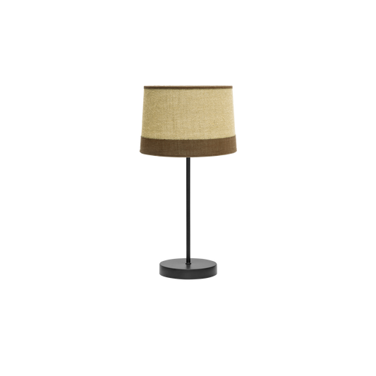 Lámpara sobremesa Fabrilamp con pantalla de tejido de saco combinado con lino rayado, color saco/marrón y estructura negra