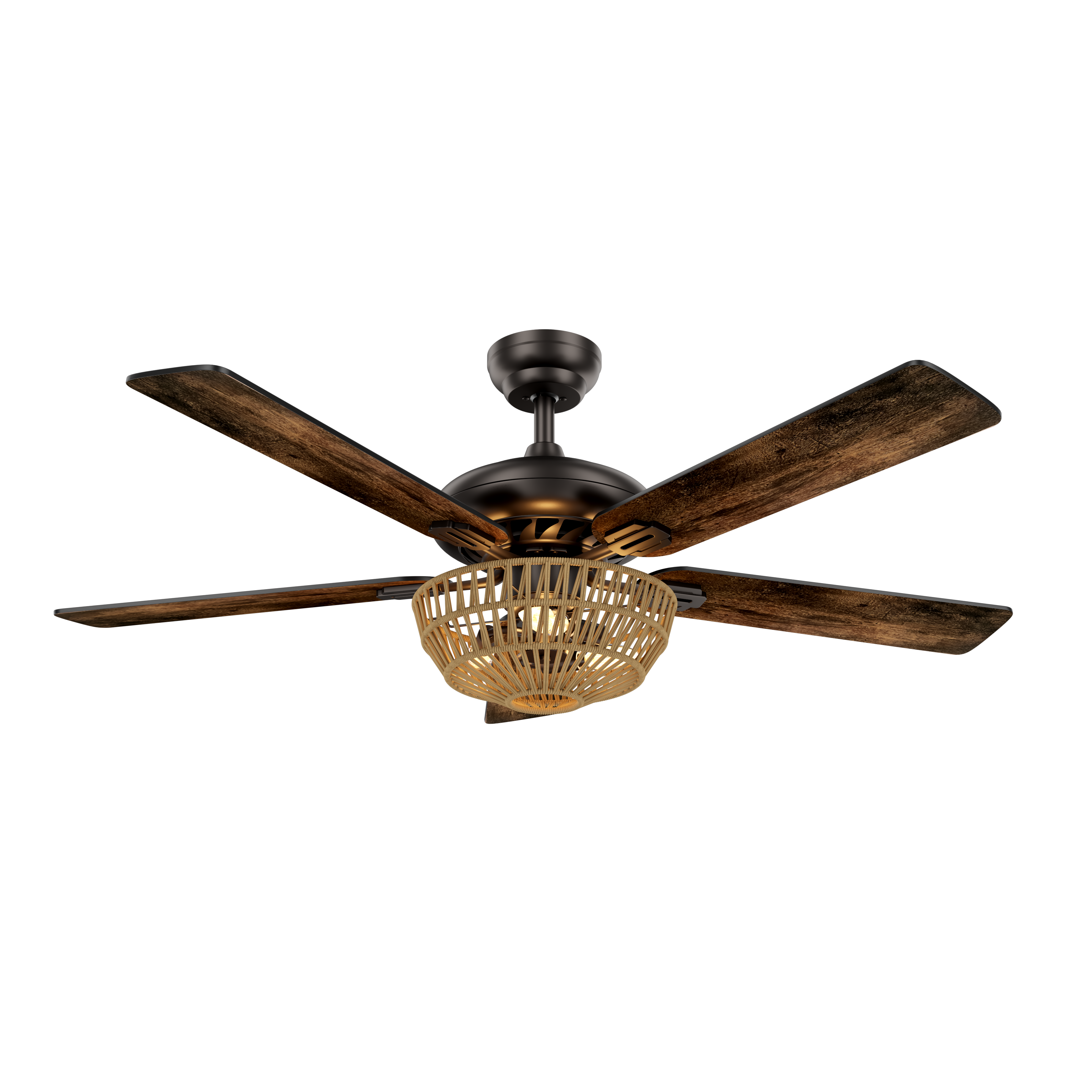 Ventilador de techo Cesta Negro de Fabrilamp, vista frontal, 5 aspas de madera nogal/roble