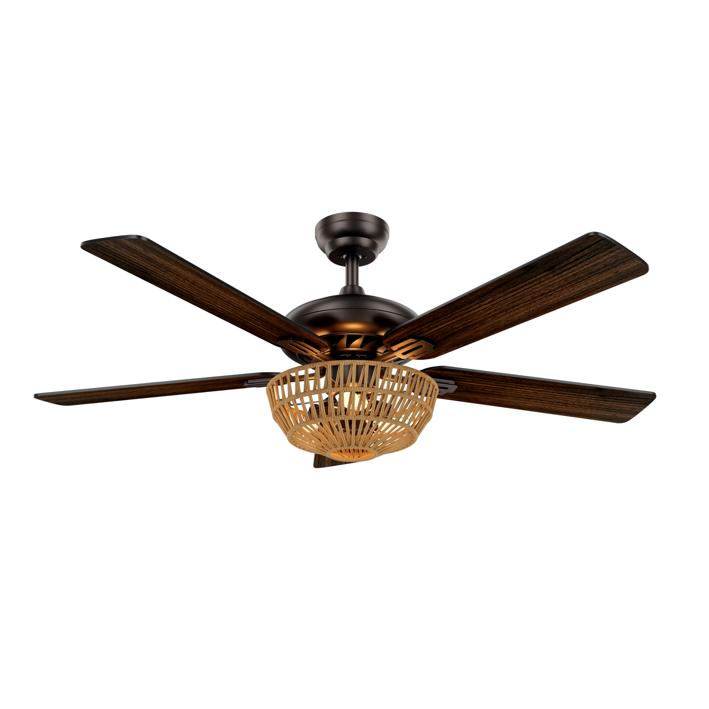 Ventilador de techo Cesta Negro de Fabrilamp, vista frontal, 5 aspas de madera nogal/roble