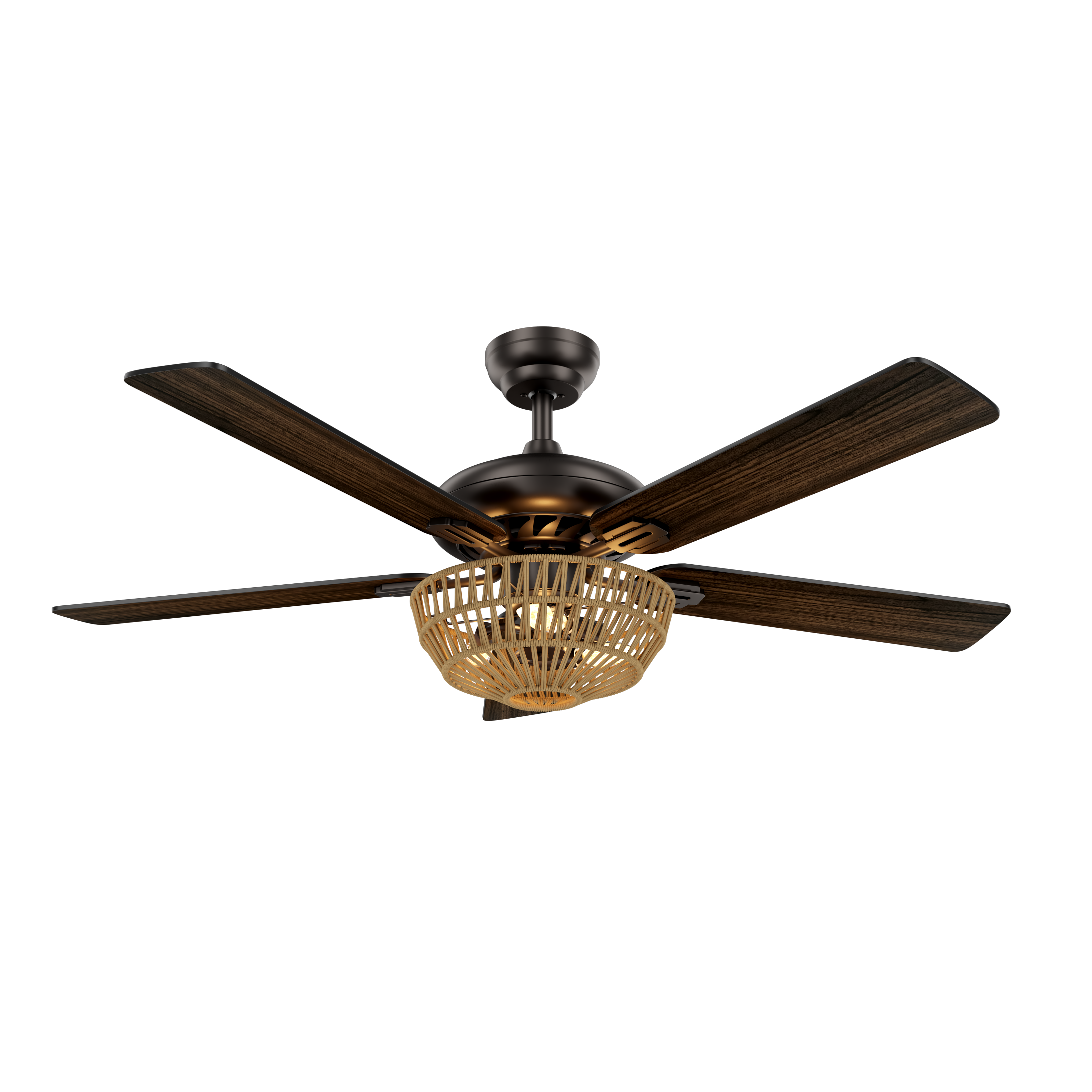 Ventilador de techo Cesta Negro de Fabrilamp, vista frontal, 5 aspas de madera nogal/roble