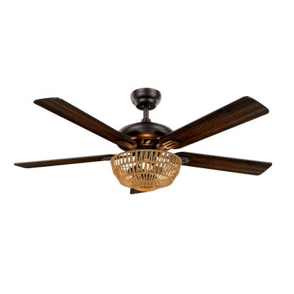 Ventilador de techo Cesta Negro de Fabrilamp, vista frontal, 5 aspas de madera nogal/roble