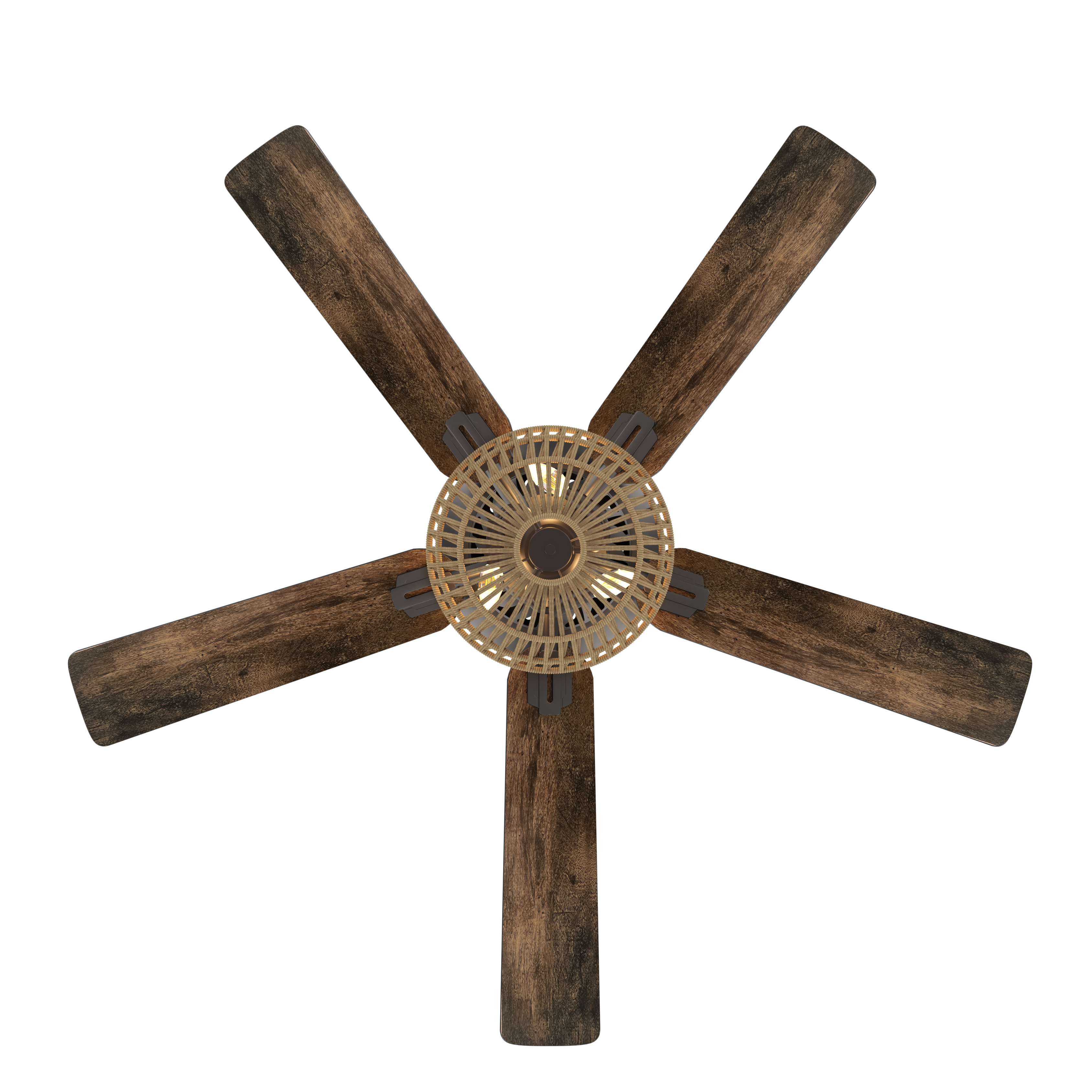 Ventilador de techo Cesta Negro de Fabrilamp, vista frontal, 5 aspas de madera nogal/roble