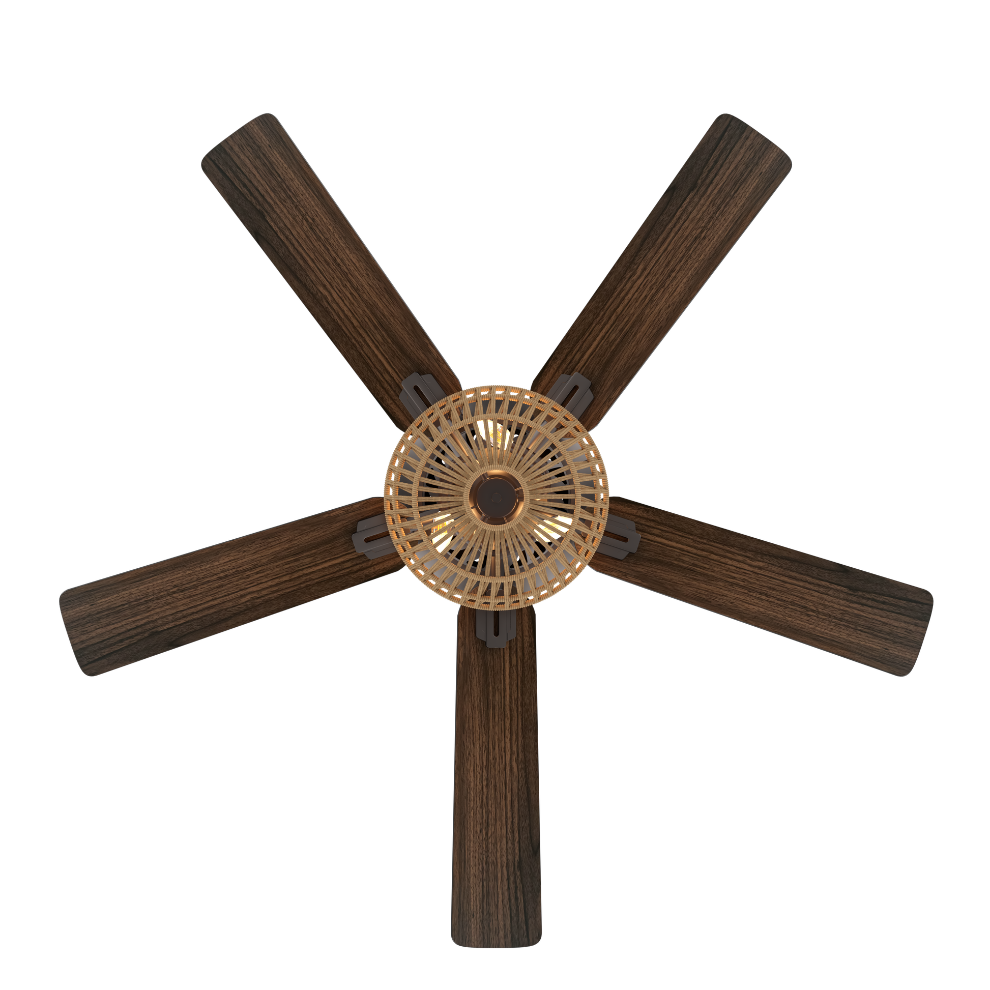 Ventilador de techo Cesta Negro de Fabrilamp, vista frontal, 5 aspas de madera nogal/roble