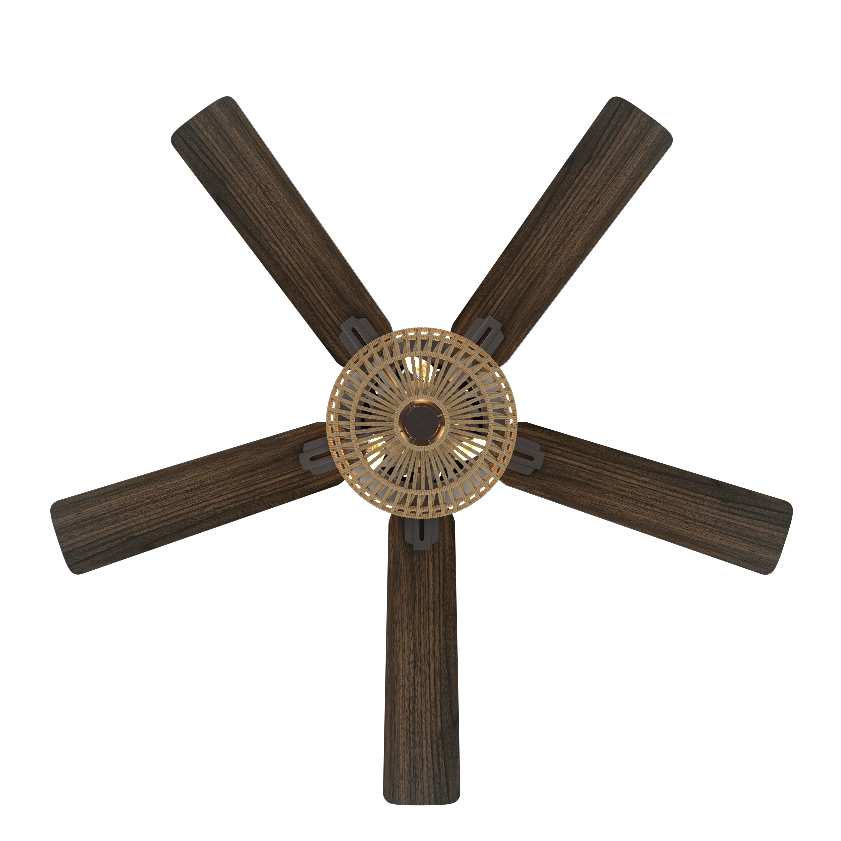Ventilador de techo Cesta Negro de Fabrilamp, vista frontal, 5 aspas de madera nogal/roble