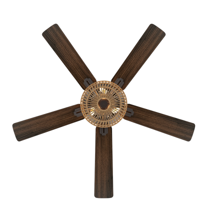 Ventilador de techo Cesta Negro de Fabrilamp, vista frontal, 5 aspas de madera nogal/roble