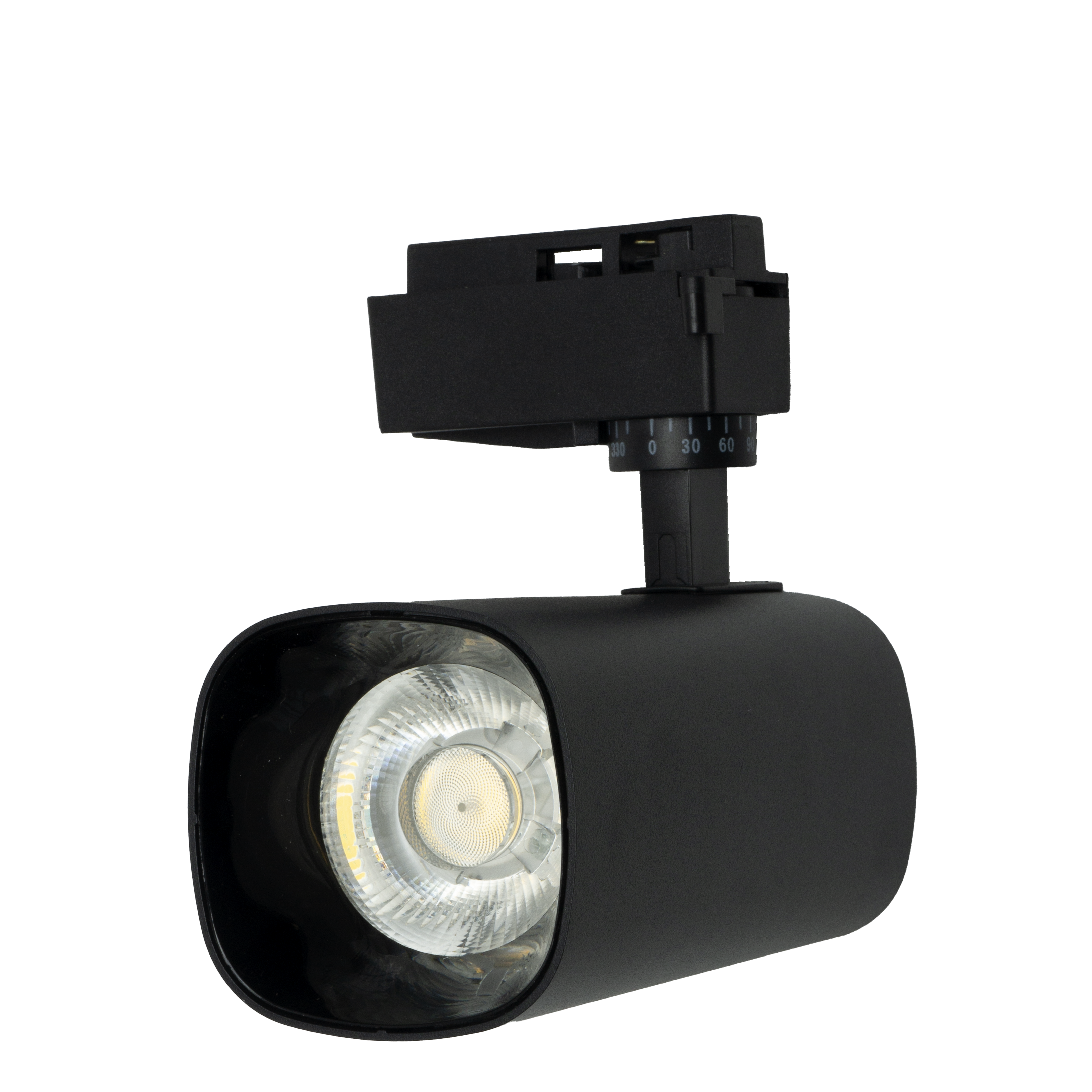 Foco de carril Alfil negro 30W 4000K de Fabrilamp, vista frontal.