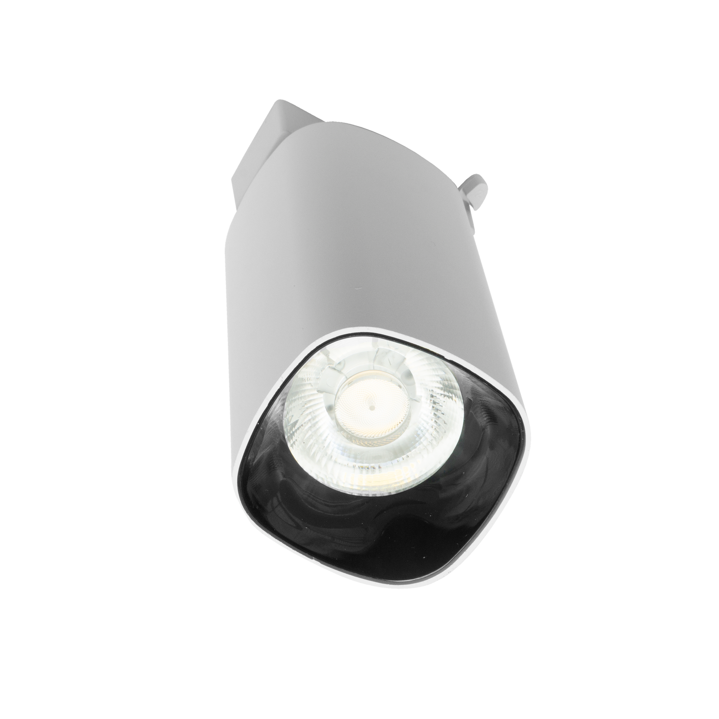 Detalle del foco de carril Alfil blanco orientable para interior