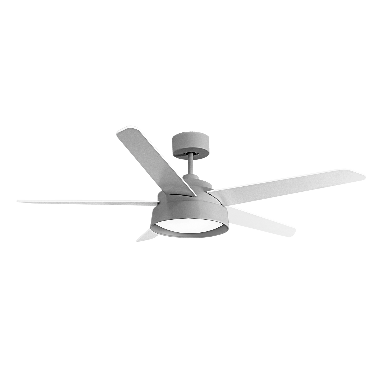 Elegante ventilador de techo gris con luz LED, ideal para el salón