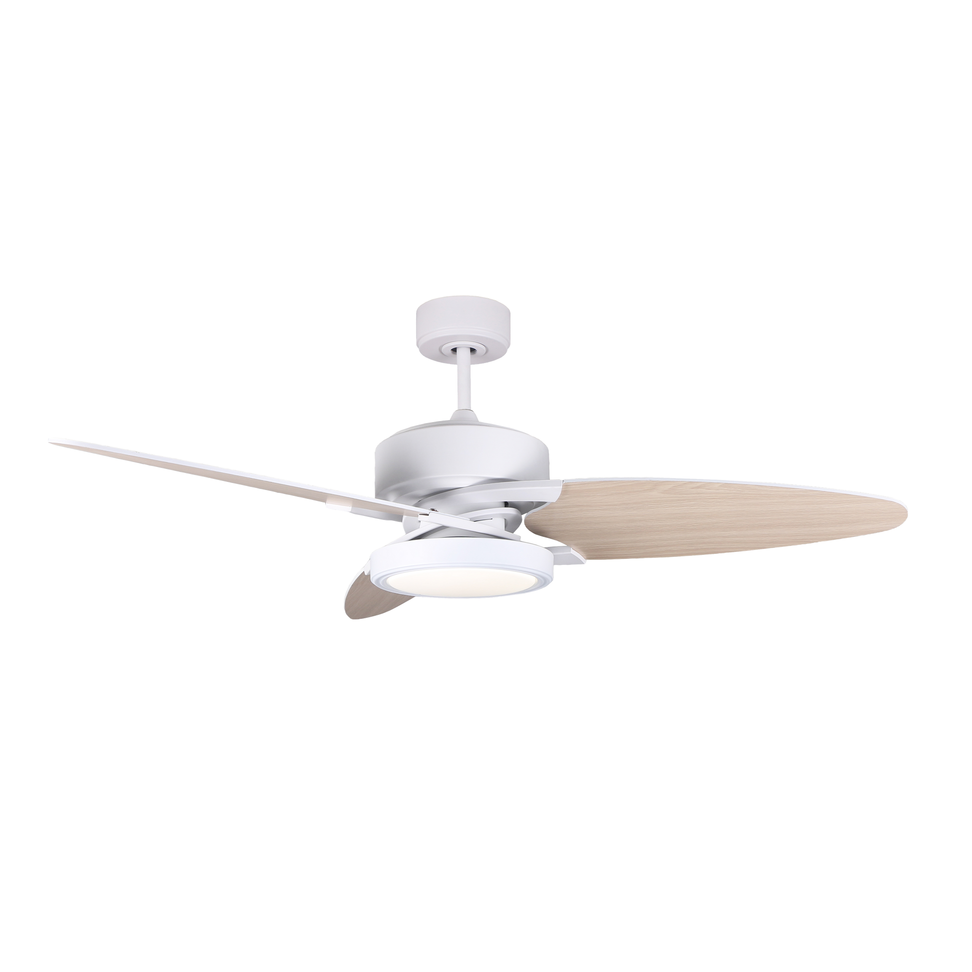 Ventilador de techo Fabrilamp Cross 30W blanco con aspas reversibles blanco/haya, vista frontal.