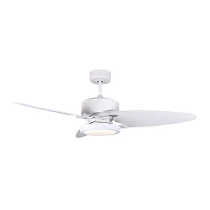 Ventilador de techo Fabrilamp Cross 30W blanco con aspas reversibles blanco/haya, vista frontal.