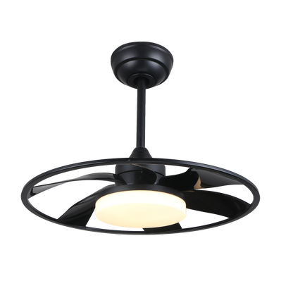 Ventilador de techo Celsius negro de Fabrilamp, con 6 aspas y luz LED integrada. Disponible en luzguru.com