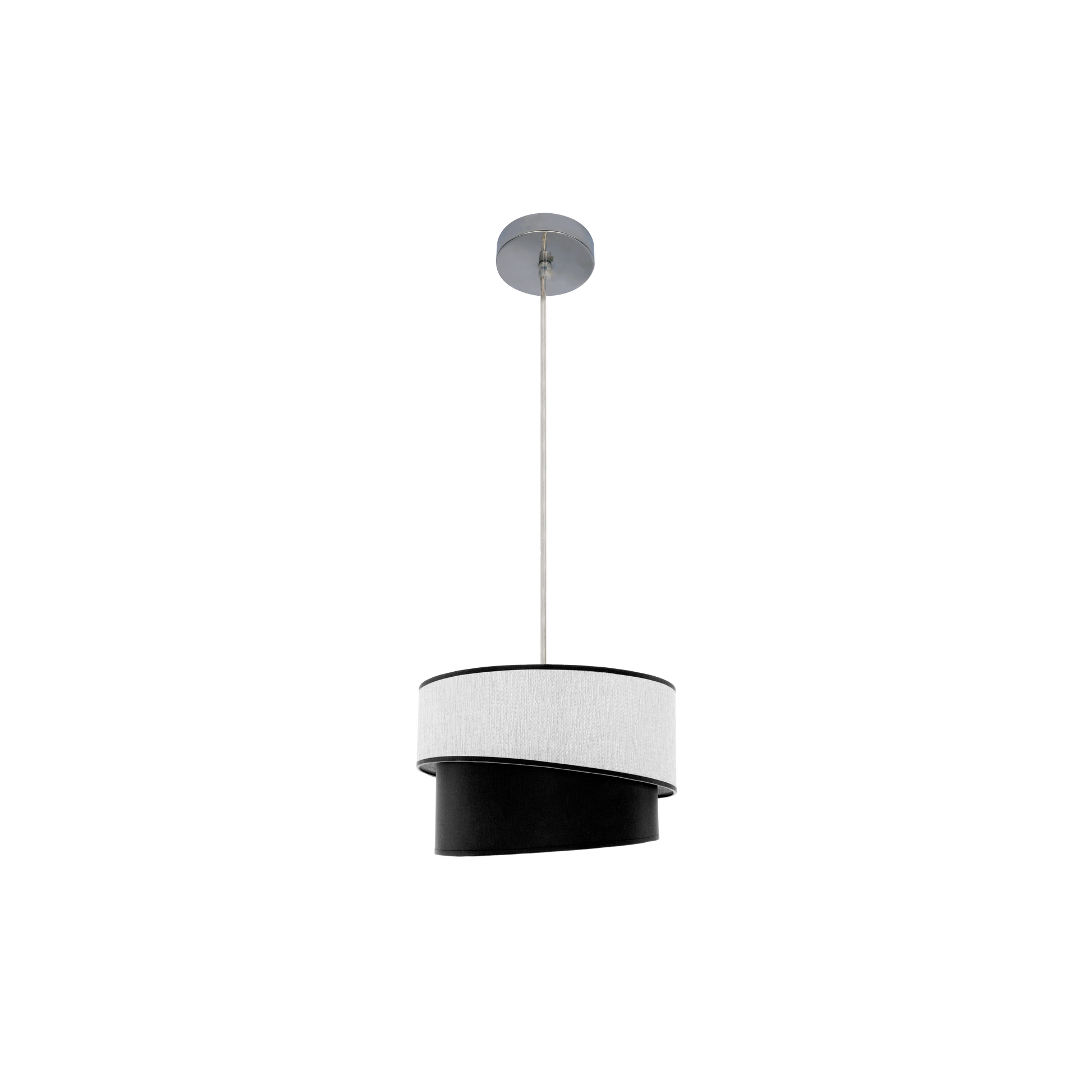 Lámpara colgante Hara fabricada en metal cromado y textil bicolor blanco y negro