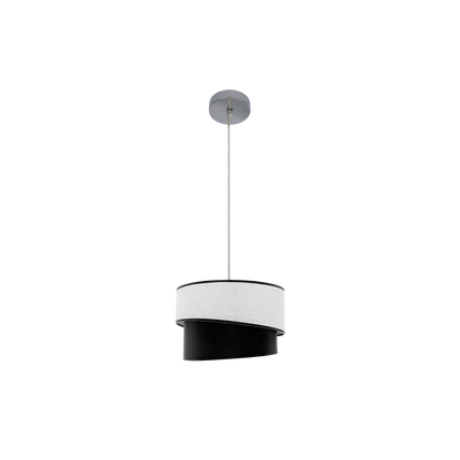 Lámpara colgante Hara fabricada en metal cromado y textil bicolor blanco y negro