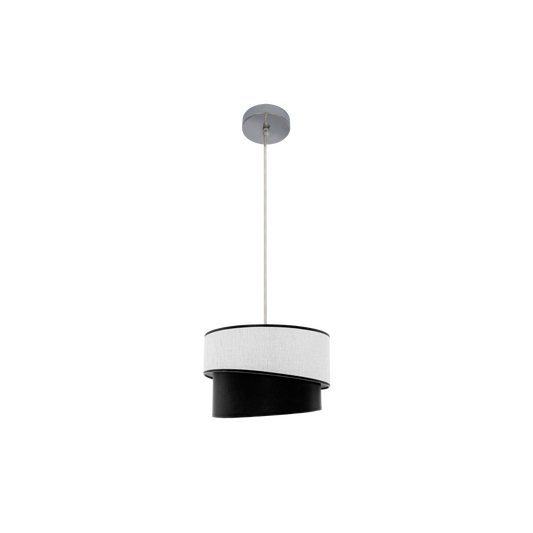 Lámpara colgante Hara fabricada en metal cromado y textil bicolor blanco y negro
