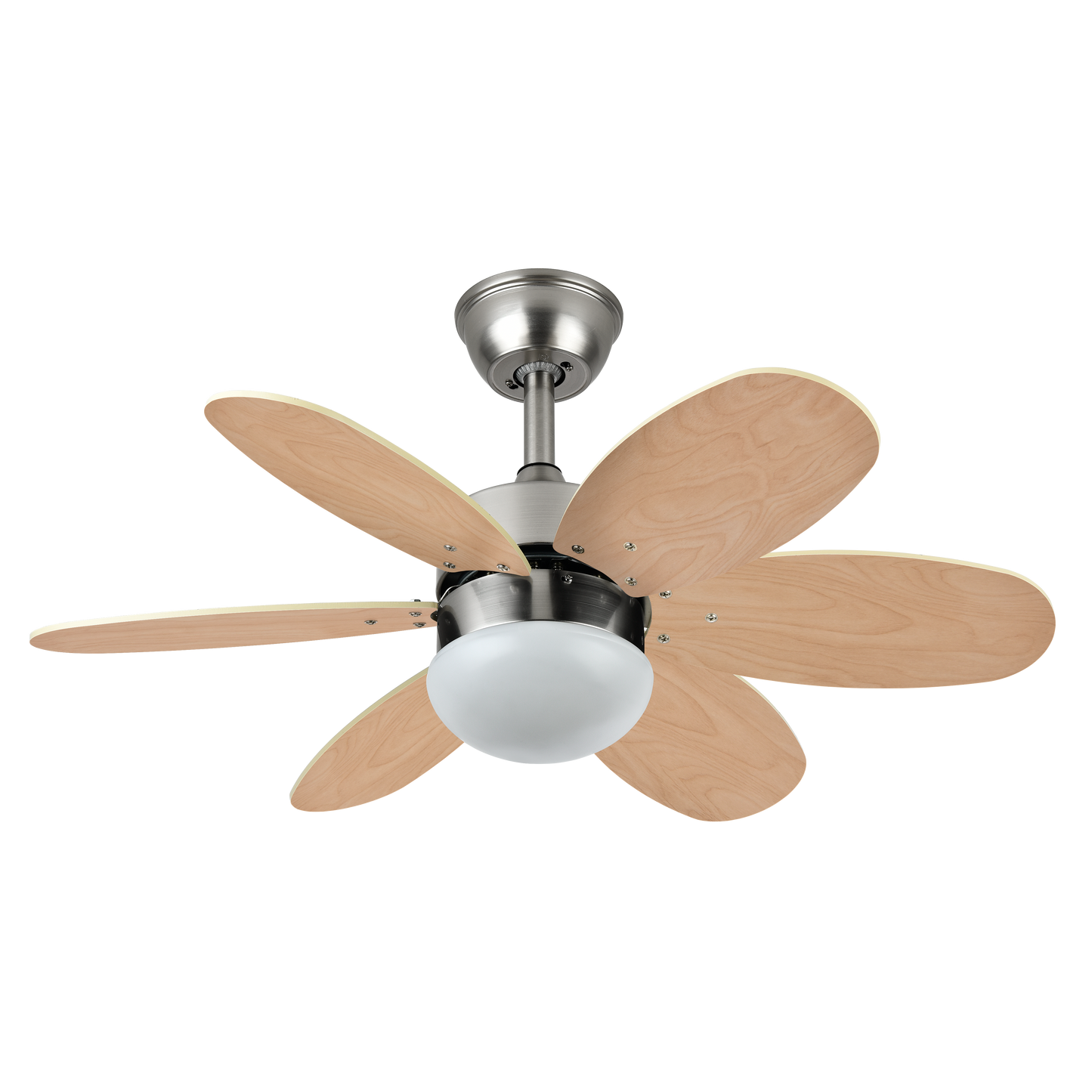 Ventilador de techo Alves de Fabrilamp en níquel y haya con 6 aspas reversibles.