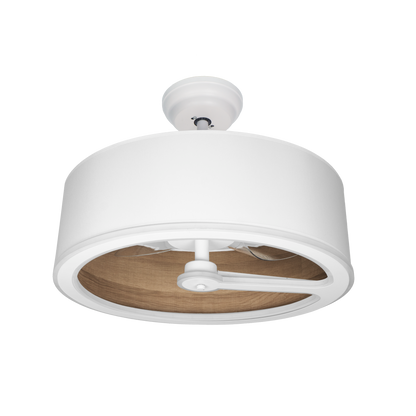 Ventilador de techo Tatiana DC de Fabrilamp, vista general en blanco y madera oscura.